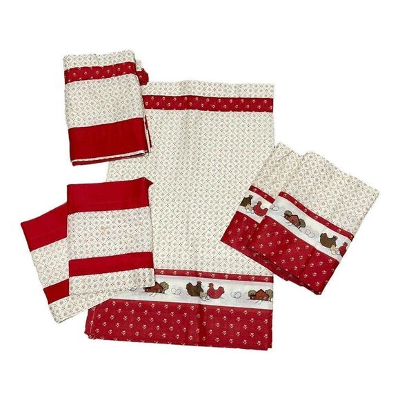 Red Chicken Print Farmhouse Style Valances Curtain Set Retro Kitchen Decor Craft - Picture 1 of 16
